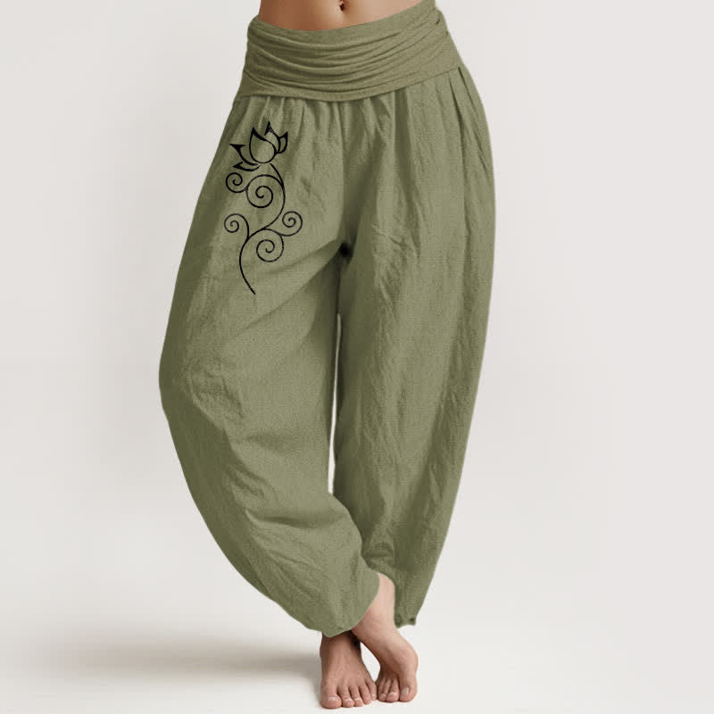 Nimara Ritual Pure Cotton White Lotus Floral Vine Pattern Women's Elastic Waist Harem Pants