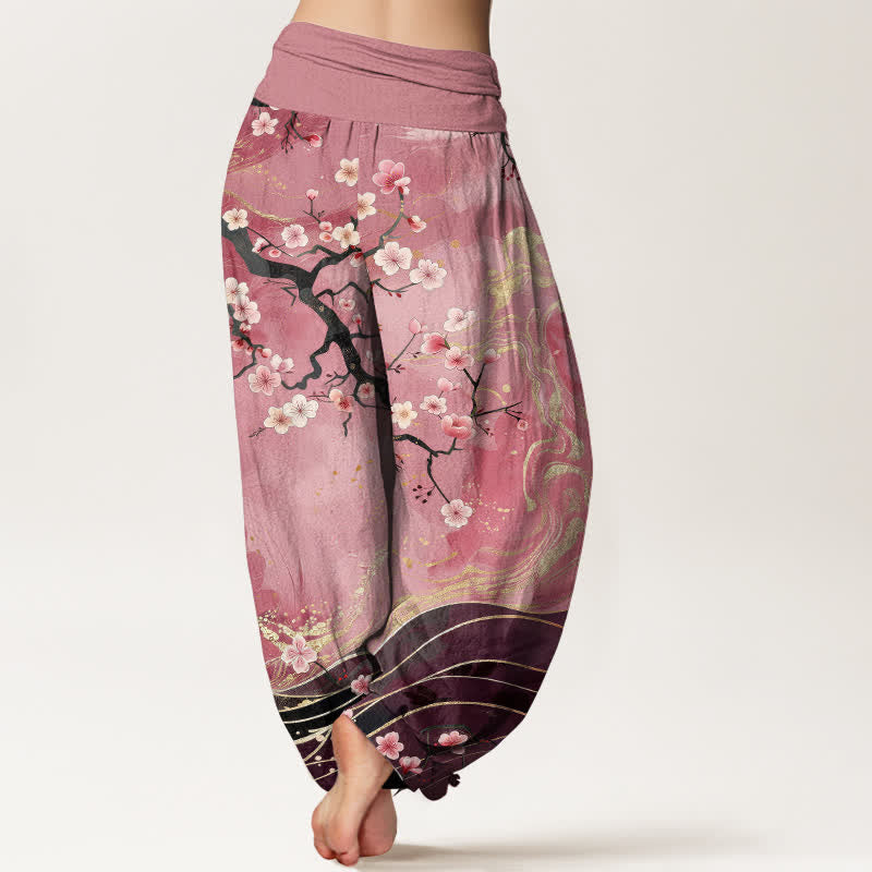 Nimara Ritual Pure Cotton Sakura Blossom Branch Pattern Women's Elastic Waist Harem Pants