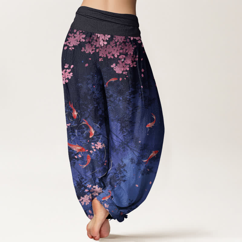 Nimara Ritual Pure Cotton Koi Fish Sakura Pattern Women's Elastic Waist Pants With Pockets