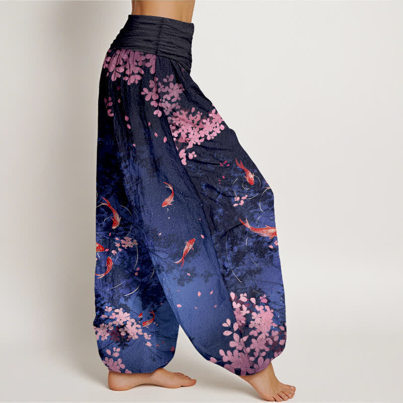 Nimara Ritual Pure Cotton Koi Fish Sakura Pattern Women's Elastic Waist Pants With Pockets