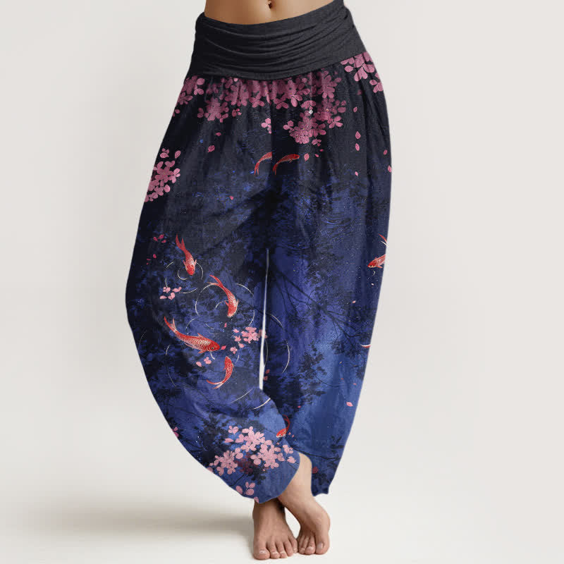 Nimara Ritual Pure Cotton Koi Fish Sakura Pattern Women's Elastic Waist Pants With Pockets