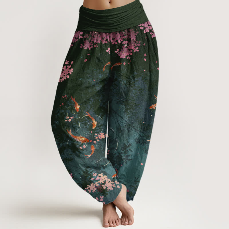 Nimara Ritual Pure Cotton Koi Fish Sakura Pattern Women's Elastic Waist Pants With Pockets