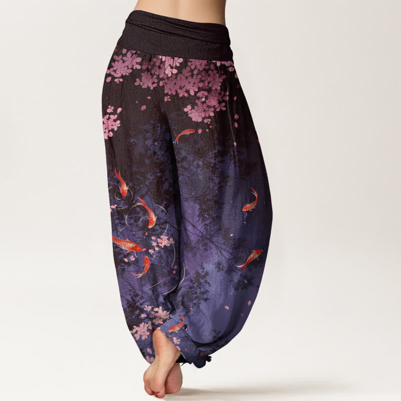 Nimara Ritual Pure Cotton Koi Fish Sakura Pattern Women's Elastic Waist Pants With Pockets