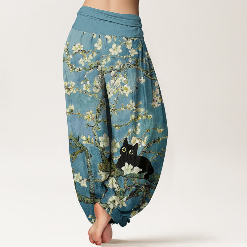 Nimara Ritual Pure Cotton Botanical Blossom Cat Pattern Women's Elastic Waist Harem Pants