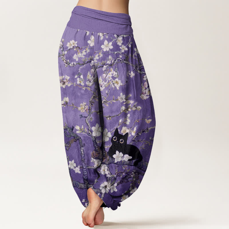 Nimara Ritual Pure Cotton Botanical Blossom Cat Pattern Women's Elastic Waist Harem Pants