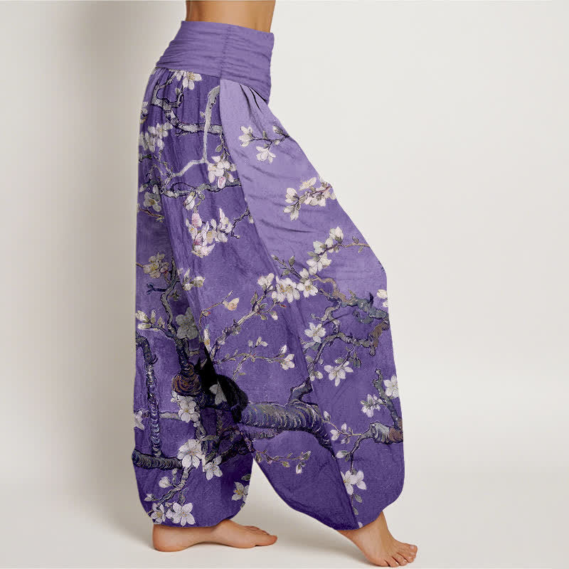 Nimara Ritual Pure Cotton Botanical Blossom Cat Pattern Women's Elastic Waist Harem Pants