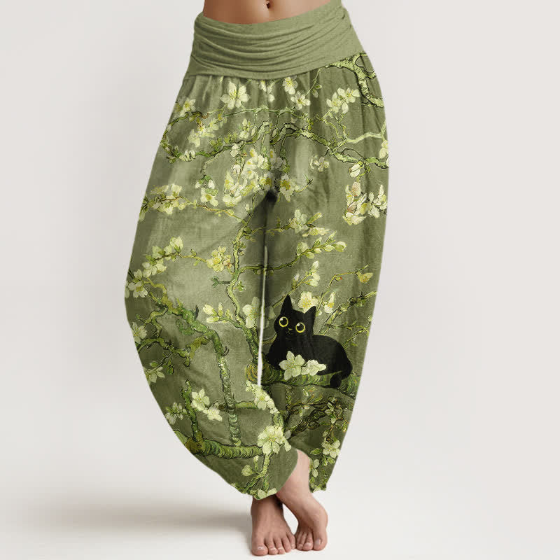 Nimara Ritual Pure Cotton Botanical Blossom Cat Pattern Women's Elastic Waist Harem Pants