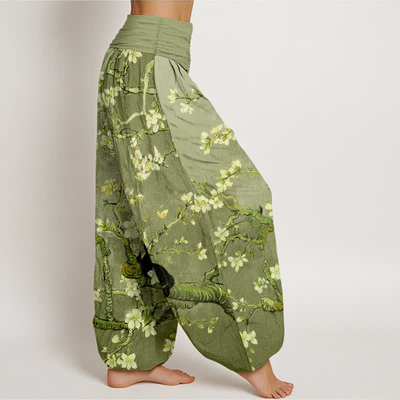 Nimara Ritual Pure Cotton Botanical Blossom Cat Pattern Women's Elastic Waist Harem Pants