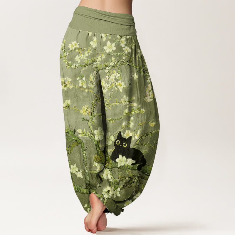 Nimara Ritual Pure Cotton Botanical Blossom Cat Pattern Women's Elastic Waist Harem Pants