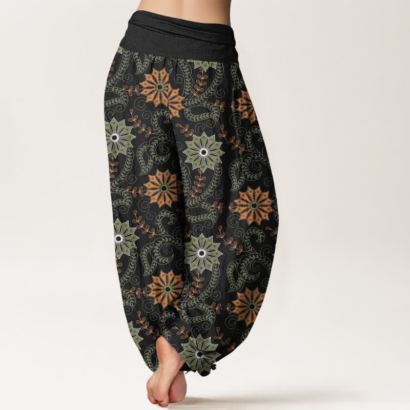Nimara Ritual Cotton Bohemian Mandala Vine Pattern Women's Elastic Waist Harem Pants