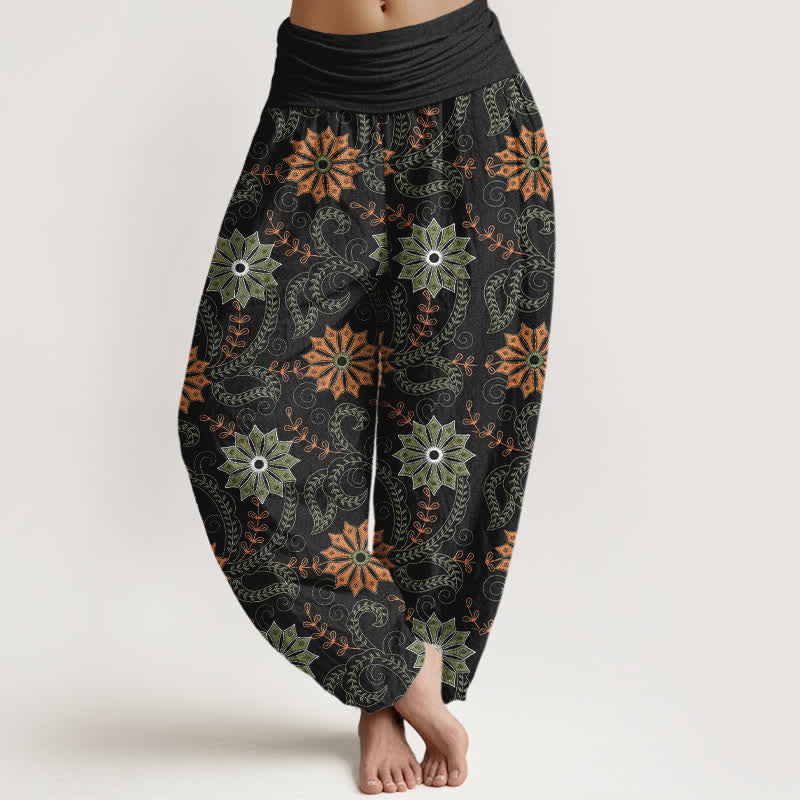 Nimara Ritual Cotton Bohemian Mandala Vine Pattern Women's Elastic Waist Harem Pants