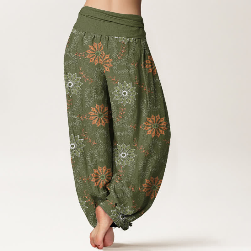 Nimara Ritual Cotton Bohemian Mandala Vine Pattern Women's Elastic Waist Harem Pants