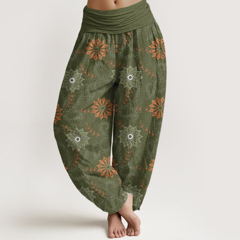 Nimara Ritual Cotton Bohemian Mandala Vine Pattern Women's Elastic Waist Harem Pants