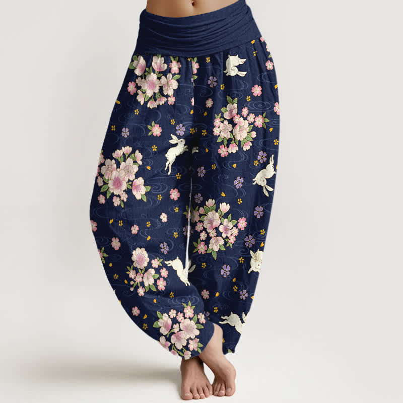 Nimara Ritual Pure Cotton Floral Rabbit Pattern Women's Elastic Waist Harem Pants