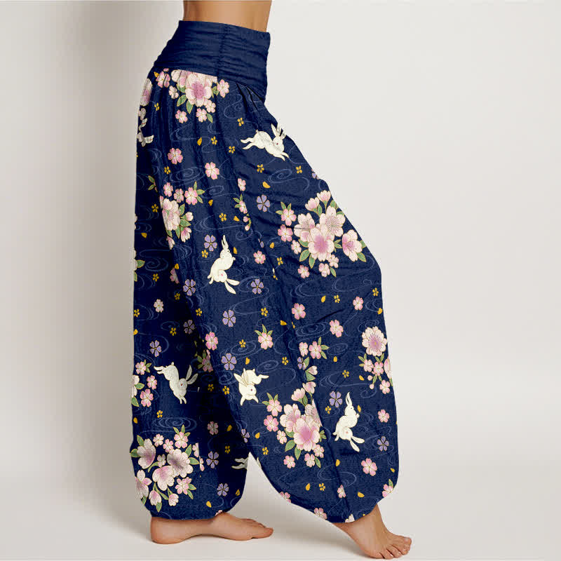 Nimara Ritual Pure Cotton Floral Rabbit Pattern Women's Elastic Waist Harem Pants