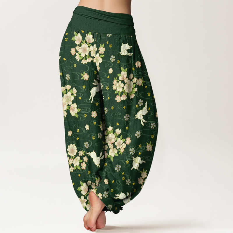 Nimara Ritual Pure Cotton Floral Rabbit Pattern Women's Elastic Waist Harem Pants