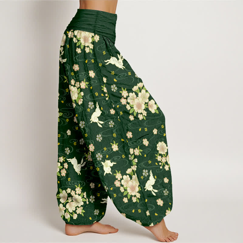 Nimara Ritual Pure Cotton Floral Rabbit Pattern Women's Elastic Waist Harem Pants