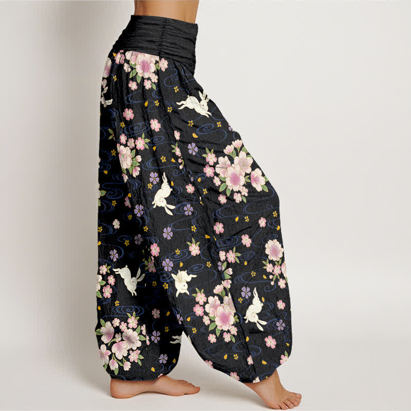 Nimara Ritual Pure Cotton Floral Rabbit Pattern Women's Elastic Waist Harem Pants