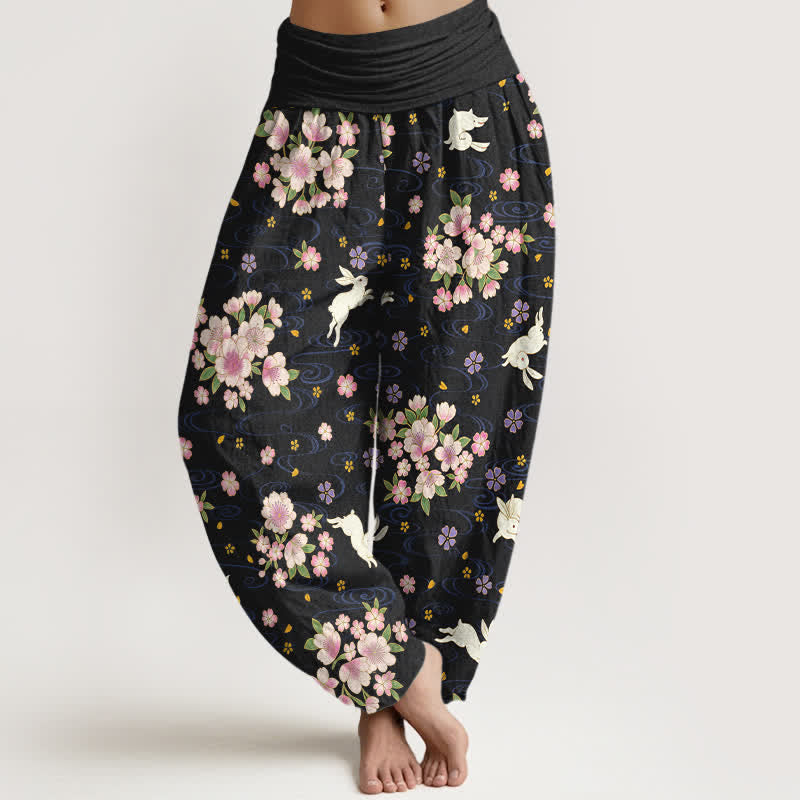 Nimara Ritual Pure Cotton Floral Rabbit Pattern Women's Elastic Waist Harem Pants