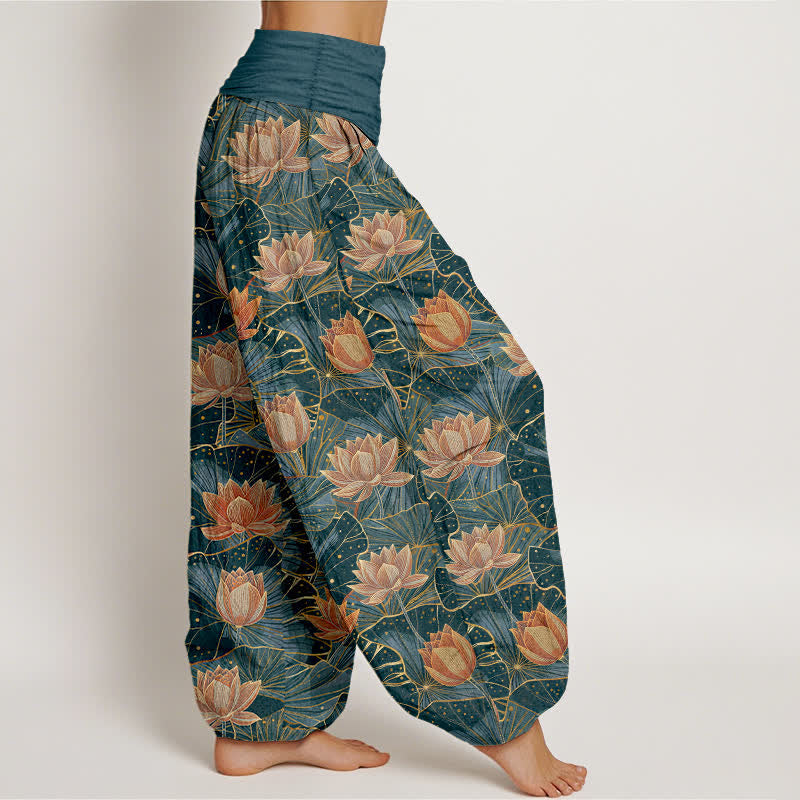 Nimara Ritual Pure Cotton Lotus Bloom Pattern Women's Elastic Waist Harem Pants