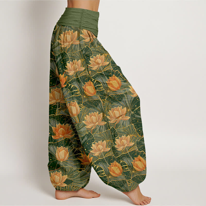 Nimara Ritual Pure Cotton Lotus Bloom Pattern Women's Elastic Waist Harem Pants