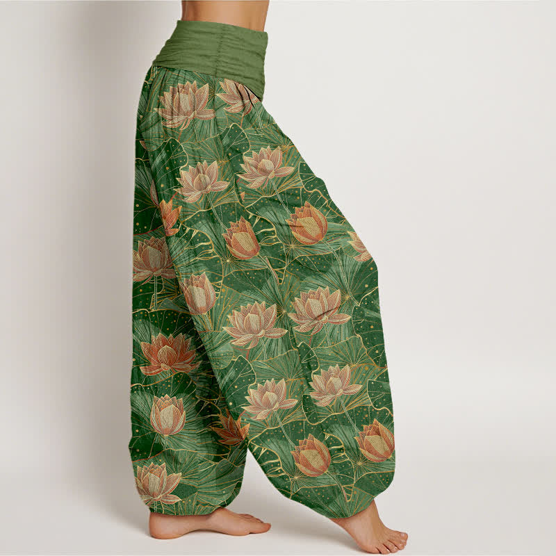 Nimara Ritual Pure Cotton Lotus Bloom Pattern Women's Elastic Waist Harem Pants