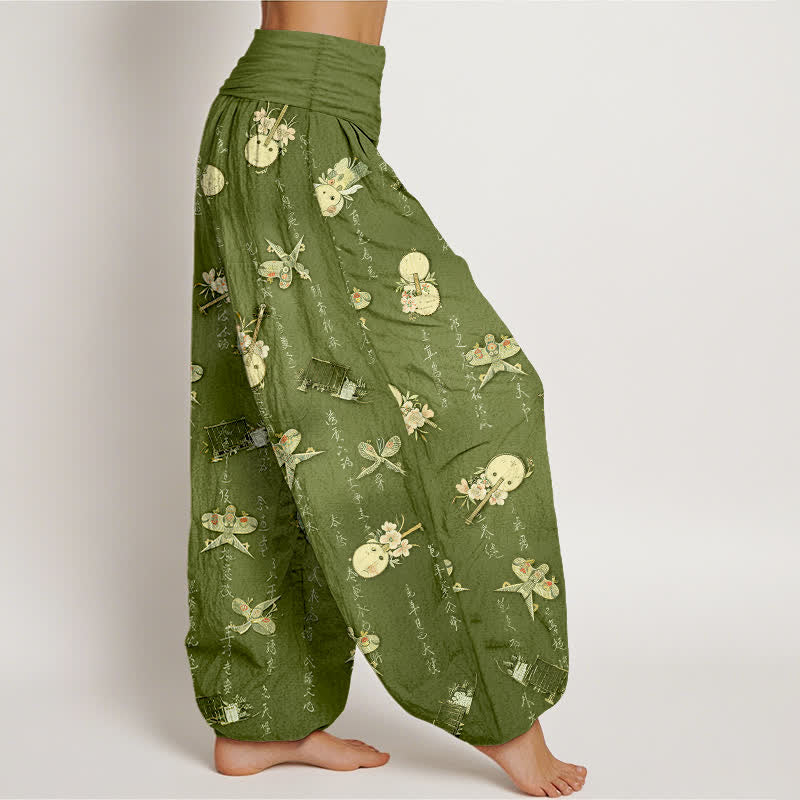 Nimara Ritual Pure Cotton Kite Musical Instrument Calligraphy Pattern Women's Elastic Waist Harem Pants