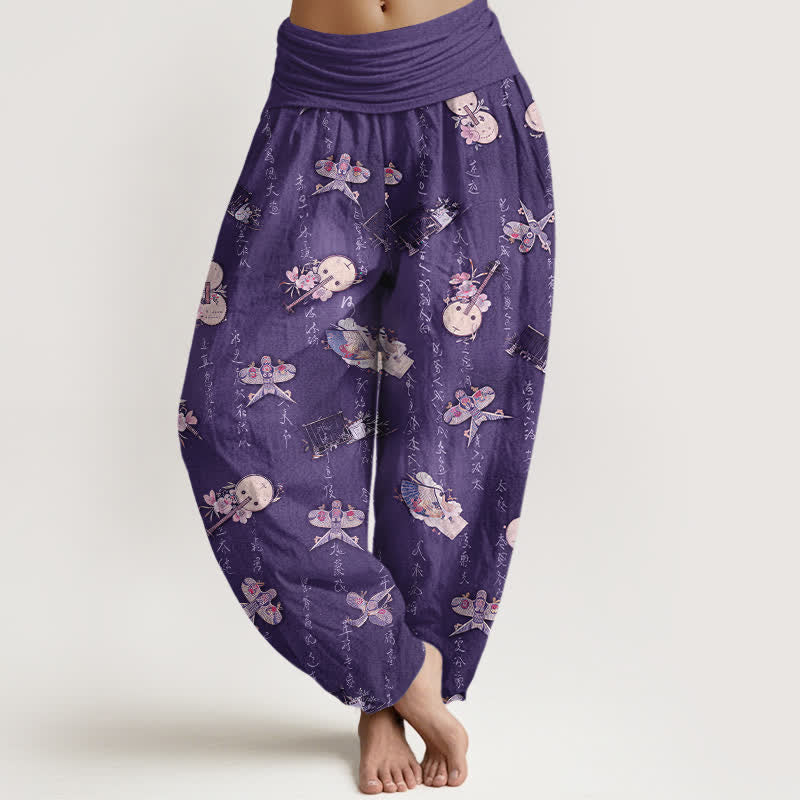 Nimara Ritual Pure Cotton Kite Musical Instrument Calligraphy Pattern Women's Elastic Waist Harem Pants
