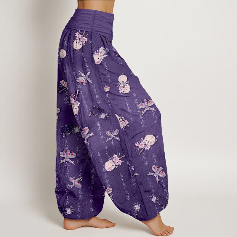 Nimara Ritual Pure Cotton Kite Musical Instrument Calligraphy Pattern Women's Elastic Waist Harem Pants