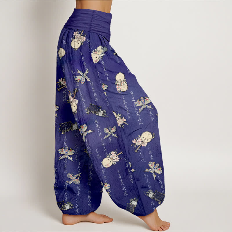Nimara Ritual Pure Cotton Kite Musical Instrument Calligraphy Pattern Women's Elastic Waist Harem Pants