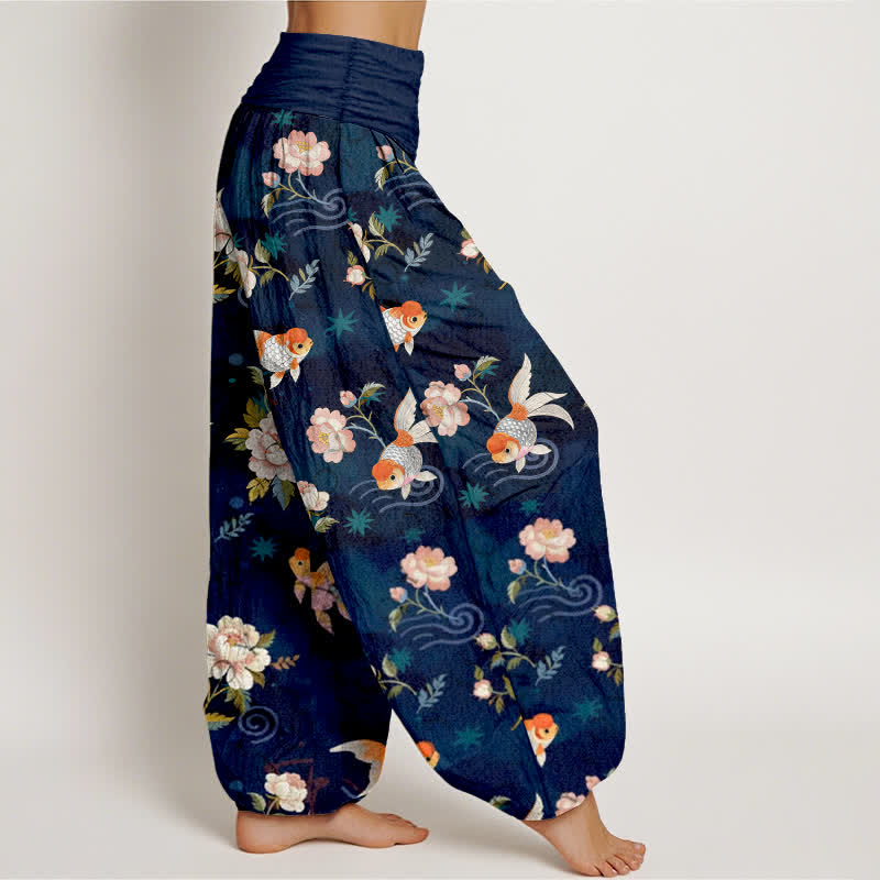 Nimara Ritual Pure Cotton Koi Fish Floral Pattern Women's Elastic Waist Harem Pants