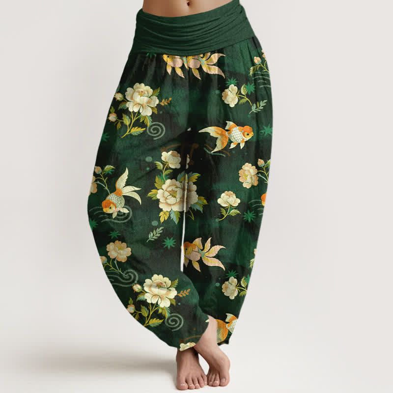 Nimara Ritual Pure Cotton Koi Fish Floral Pattern Women's Elastic Waist Harem Pants