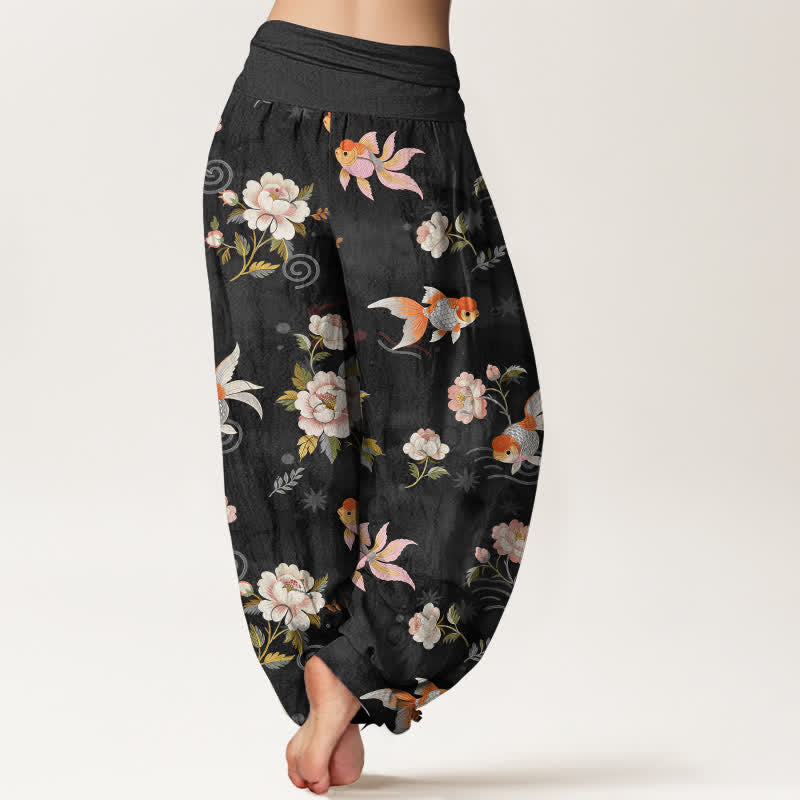 Nimara Ritual Pure Cotton Koi Fish Floral Pattern Women's Elastic Waist Harem Pants