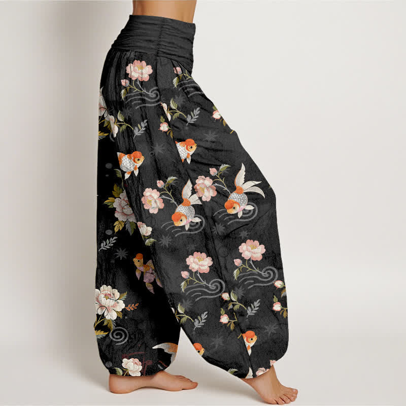 Nimara Ritual Pure Cotton Koi Fish Floral Pattern Women's Elastic Waist Harem Pants