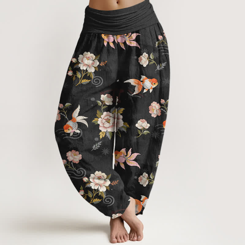 Nimara Ritual Pure Cotton Koi Fish Floral Pattern Women's Elastic Waist Harem Pants