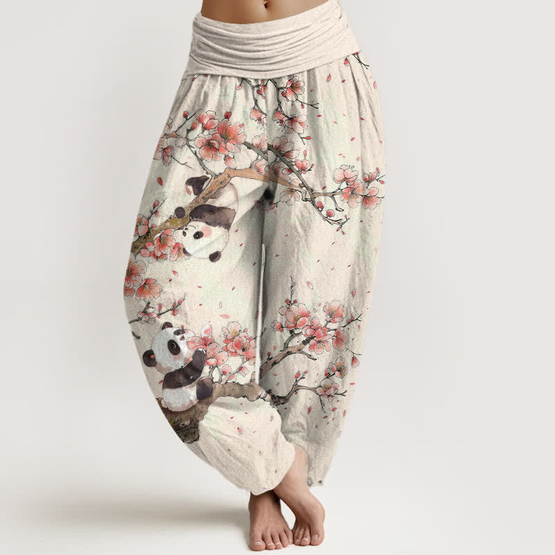 Nimara Ritual Pure Cotton Panda Cherry Blossom Pattern Women's Elastic Waist Harem Pants