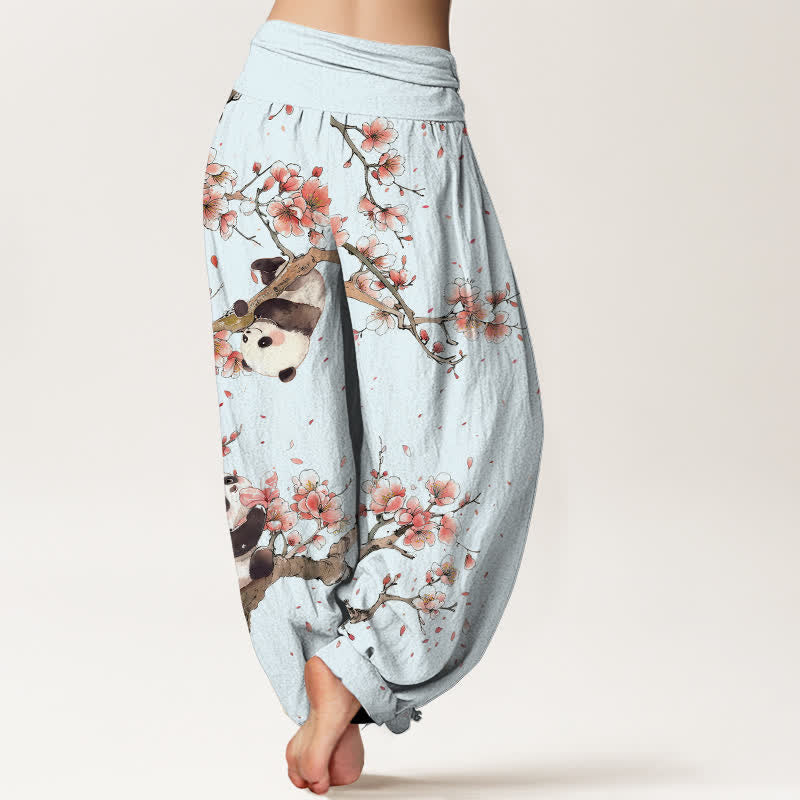 Nimara Ritual Pure Cotton Panda Cherry Blossom Pattern Women's Elastic Waist Harem Pants