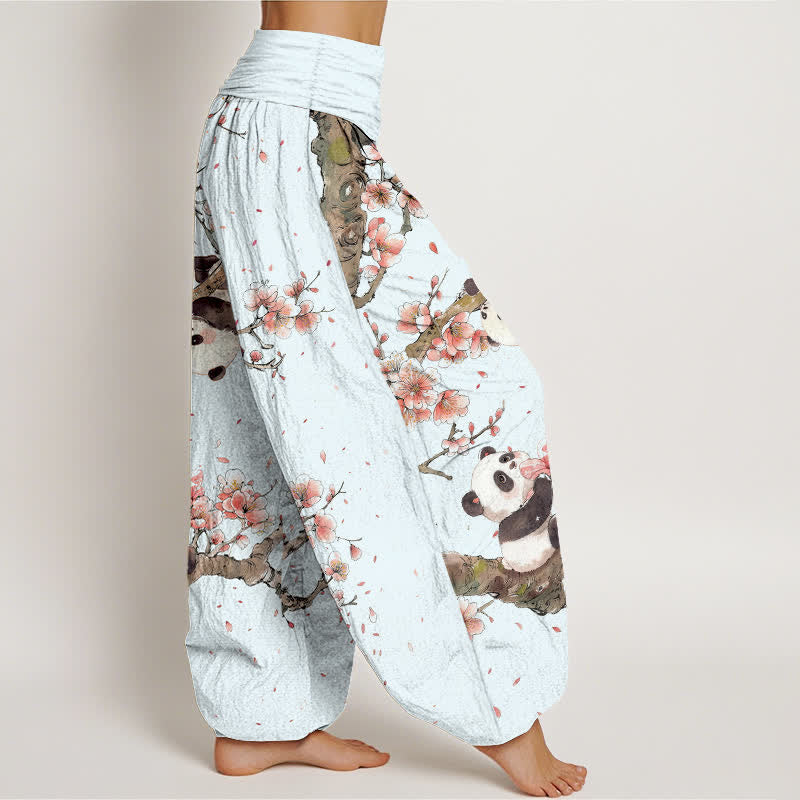 Nimara Ritual Pure Cotton Panda Cherry Blossom Pattern Women's Elastic Waist Harem Pants