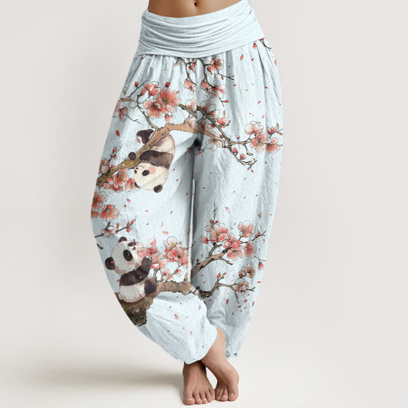 Nimara Ritual Pure Cotton Panda Cherry Blossom Pattern Women's Elastic Waist Harem Pants