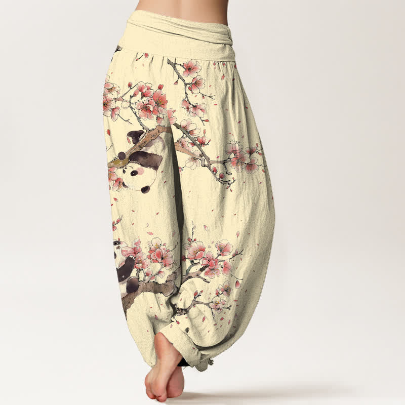 Nimara Ritual Pure Cotton Panda Cherry Blossom Pattern Women's Elastic Waist Harem Pants
