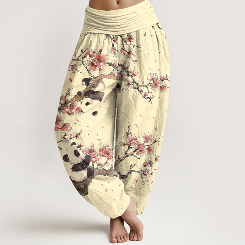 Nimara Ritual Pure Cotton Panda Cherry Blossom Pattern Women's Elastic Waist Harem Pants