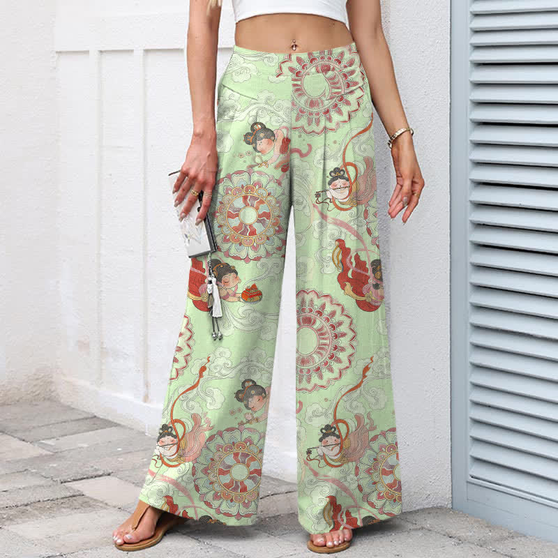 Nimara Ritual Cotton Linen Fairy Floral Pattern Women's Elastic Waist Wide Leg Pants With Pockets