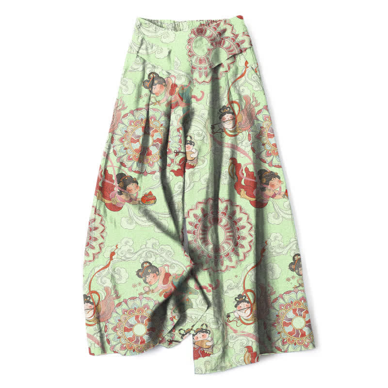 Nimara Ritual Cotton Linen Fairy Floral Pattern Women's Elastic Waist Wide Leg Pants With Pockets
