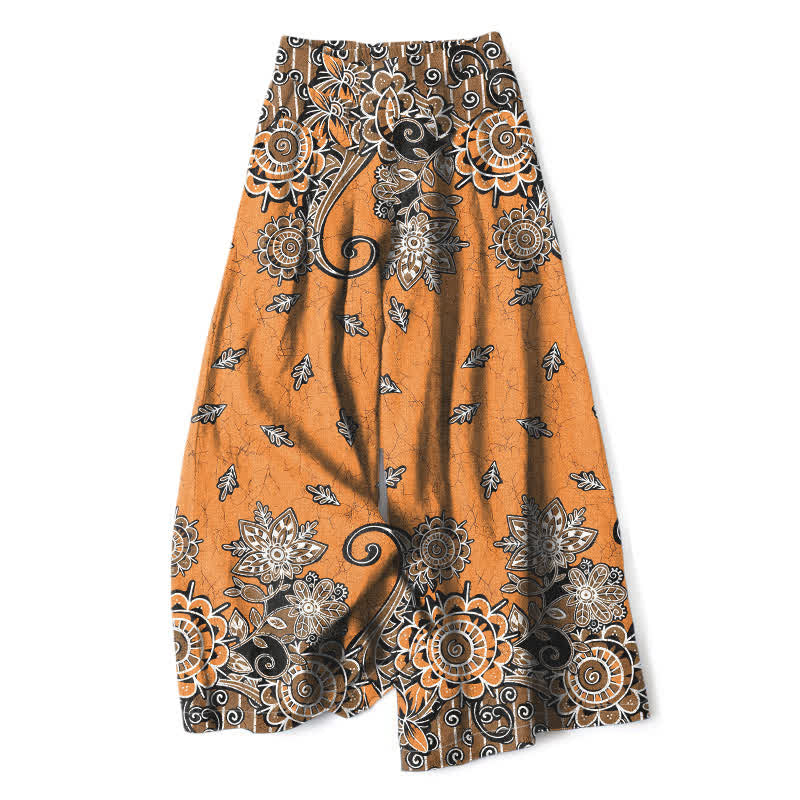 Nimara Ritual Cotton Linen Bohemian Mandala Pattern Women's Elastic Waist Wide Leg Pants With Pockets