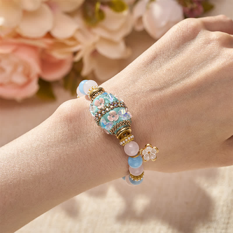 Nimara Ritual Rose Quartz Blue Chalcedony Copper Barrel Bead Flower Pendant Love Round Bead Bracelet