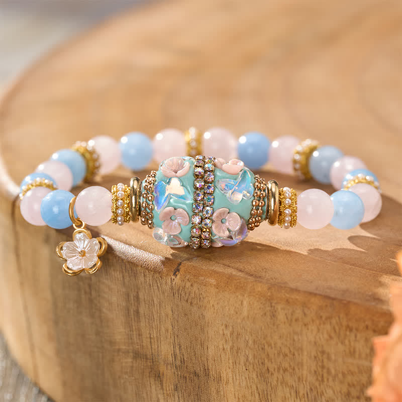 Nimara Ritual Rose Quartz Blue Chalcedony Copper Barrel Bead Flower Pendant Love Round Bead Bracelet