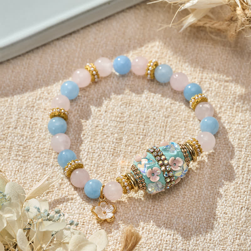 Nimara Ritual Rose Quartz Blue Chalcedony Copper Barrel Bead Flower Pendant Love Round Bead Bracelet