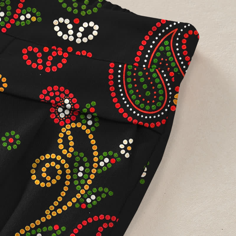 Nimara Ritual Cotton Linen Floral Folk-inspired Pattern Women's Elastic Waist Wide Leg Pants With Pockets
