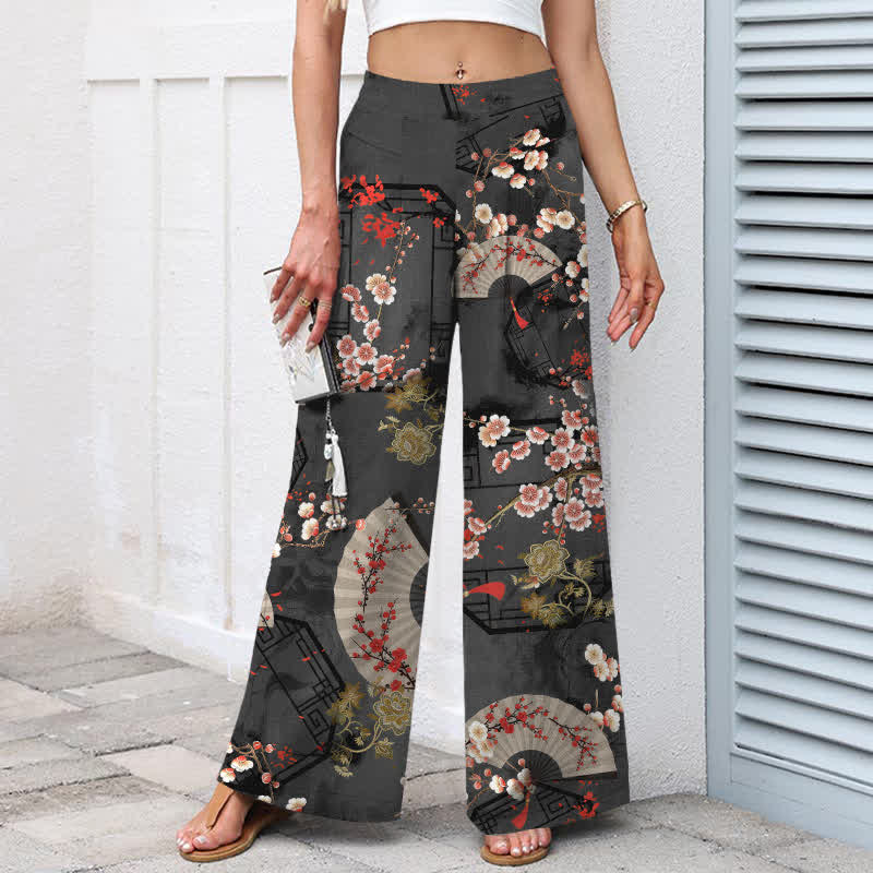 Nimara Ritual Cotton Linen Oriental Floral Fan Pattern Women's Elastic Waist Wide Leg Pants With Pockets