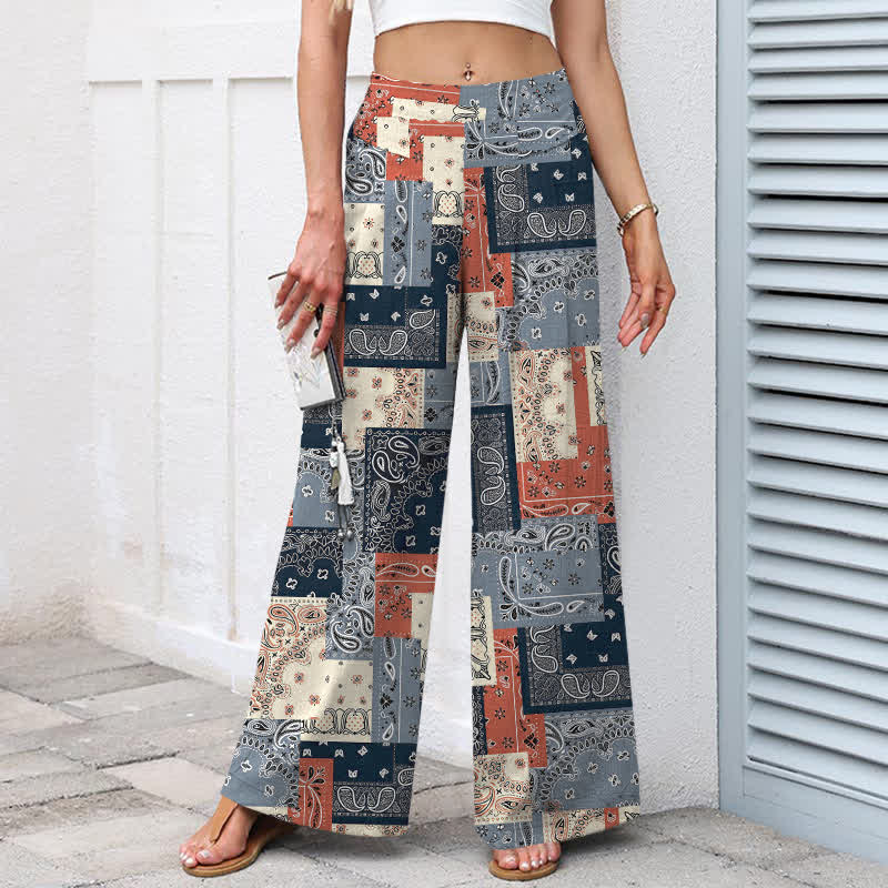 Nimara Ritual Cotton Linen Patchwork Paisley Pattern Women's Elastic Waist Wide Leg Pants With Pockets